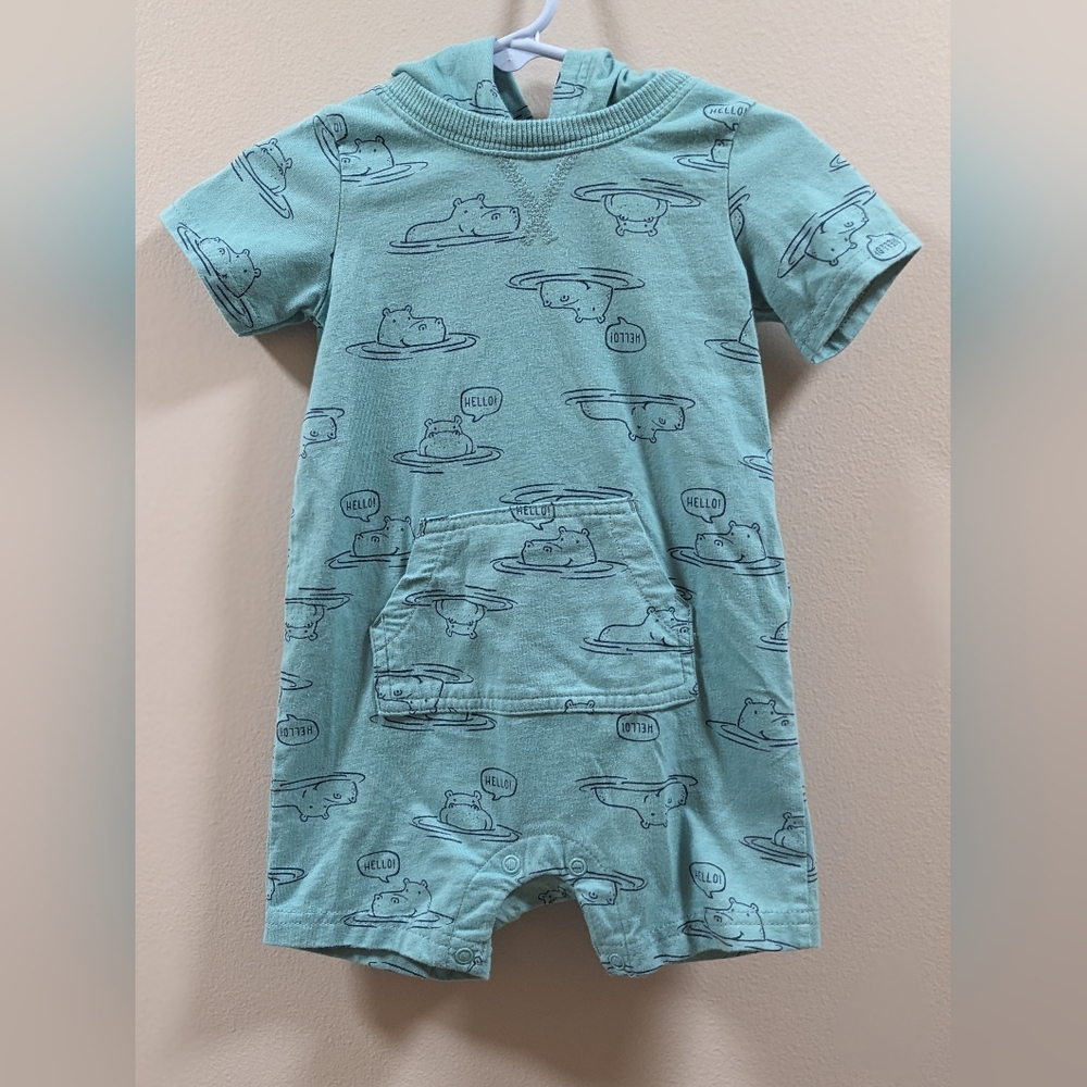 Carter's teal blue hippo print hooded toddler romper - size 18 months